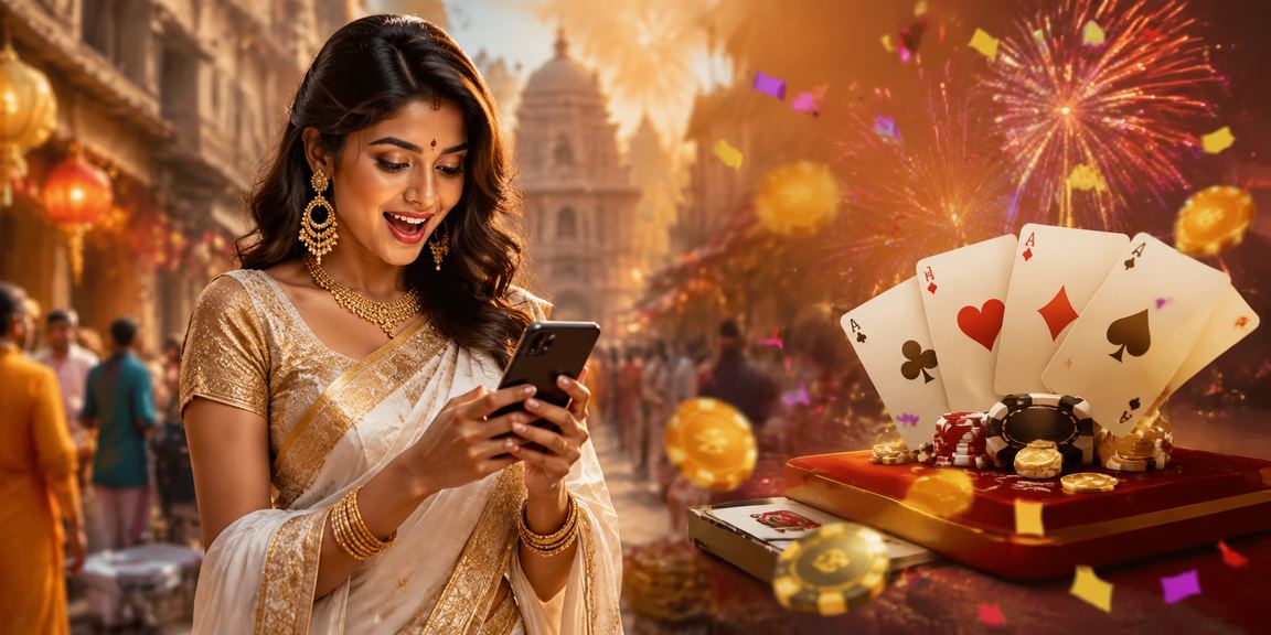 Indian player enjoying online rummy game on mobile in traditional saree